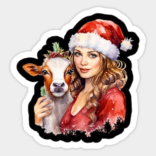 Farm Lady with Cow Celebrate Christmas Sticker